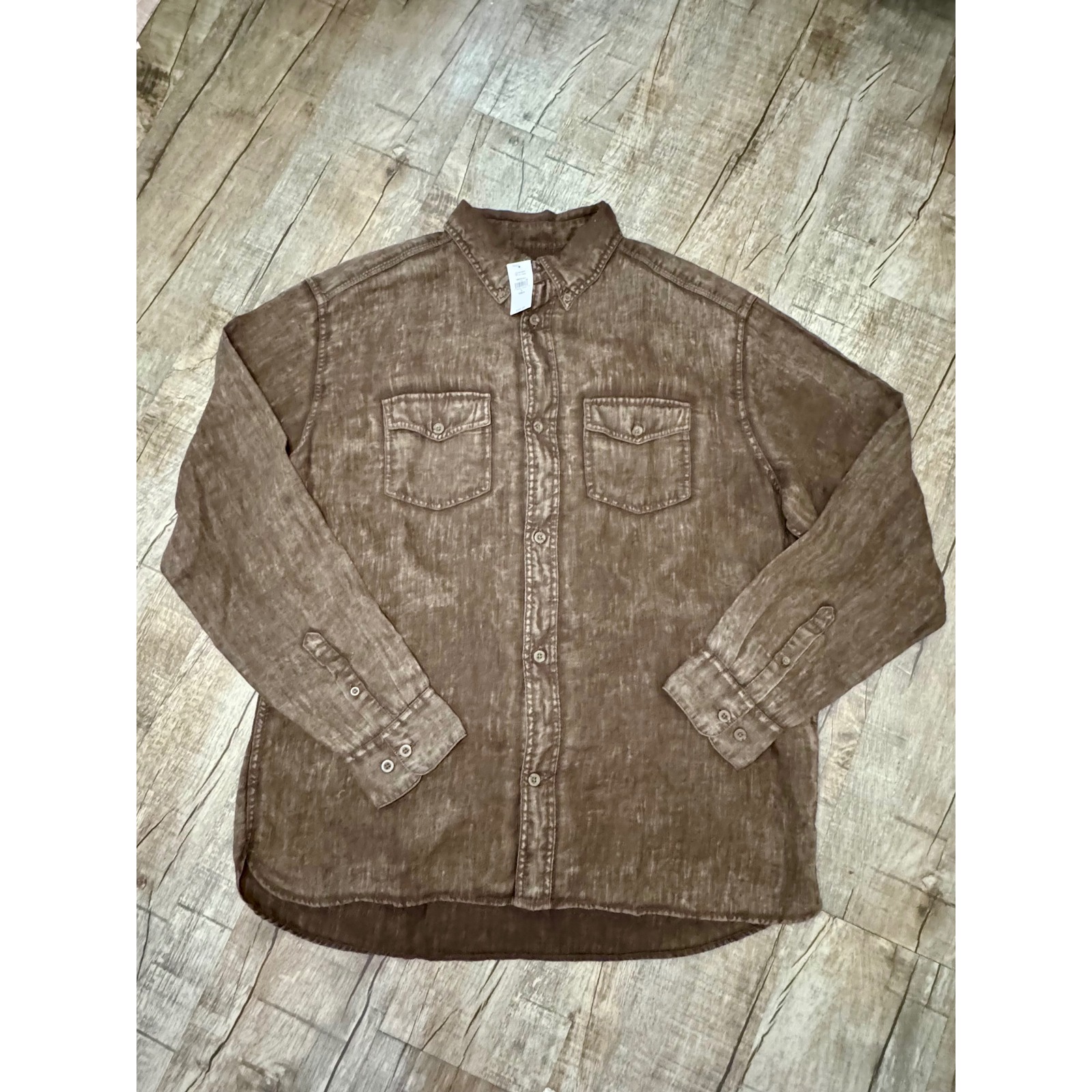 Gap Mens Brown 100% Linen Acid Wash Button Down Shirt Large Tall Nwt
